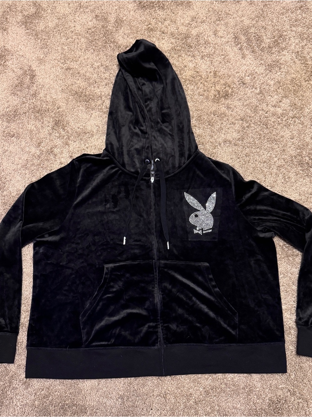 Playboy Velour Rhinestone Hoodie Womens 2X Black Long Sleeve Full Zip Pockets